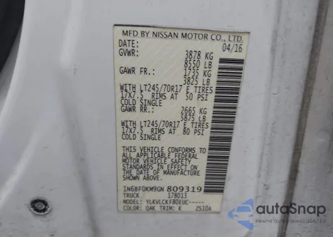 2016 Nissan Nv Cargo Nv1500 S V6 from USA, damaged, VIN 1N6BF0KM9GN809319